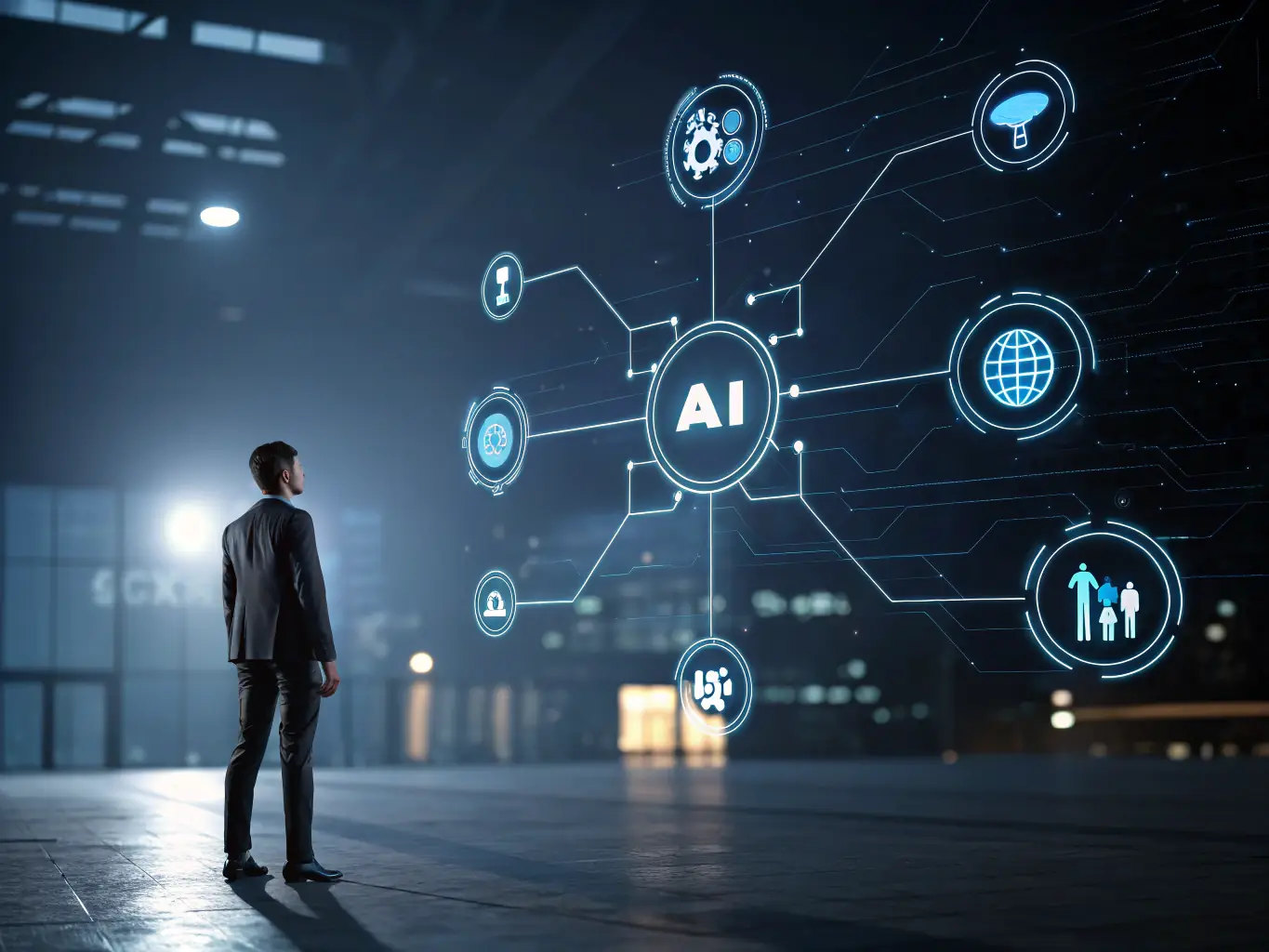 An abstract illustration of AI agents working in a network, processing data and automating tasks. The image should convey the concept of intelligent automation and seamless integration with existing systems.