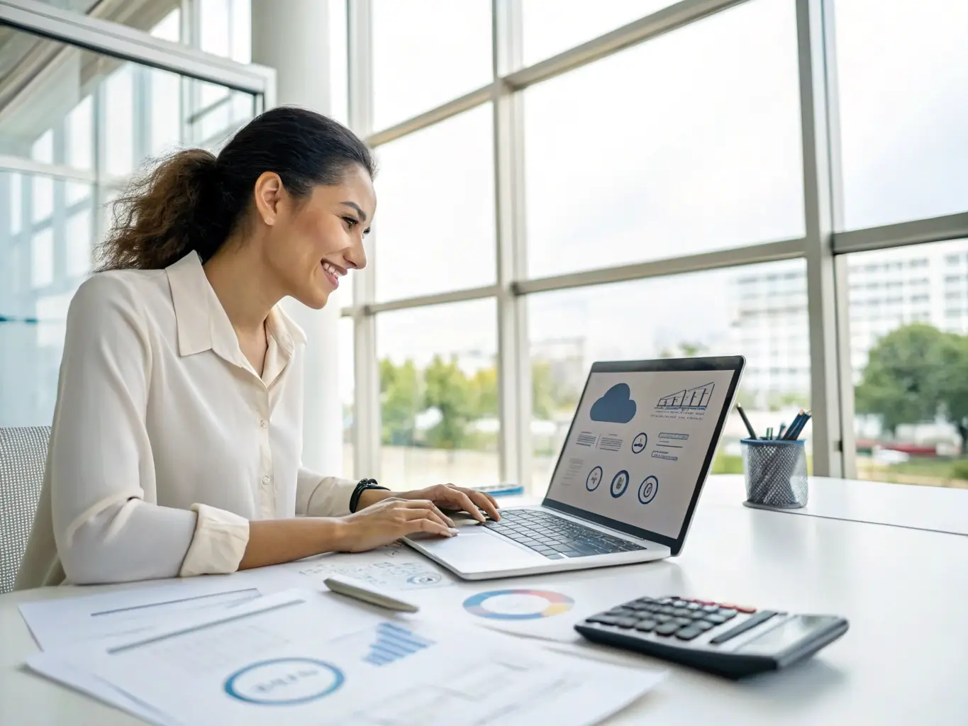 An accountant using Zoho Books on a laptop, highlighting the ease of managing finances and generating reports.