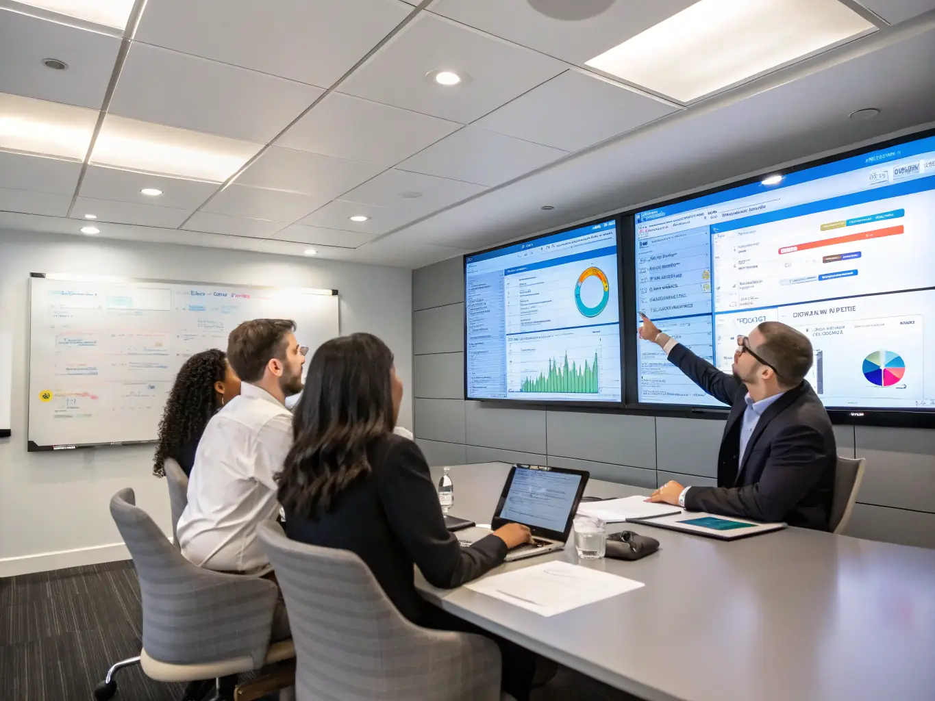 A professional team implementing Zoho CRM for a mid-sized business, showcasing the initial stages of data migration and system setup.