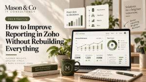 Mason & Co editorial graphic showing data from multiple Zoho applications flowing into consolidated management reporting.