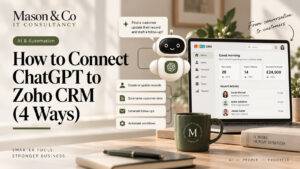 Mason & Co editorial graphic showing four approaches for connecting ChatGPT and Zoho CRM through native AI, API, Flow and MCP.
