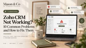 Mason & Co editorial graphic showing a Zoho CRM environment being reviewed, simplified and restructured.