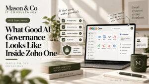 Mason & Co editorial graphic representing AI permissions, controls, auditability and human oversight inside Zoho One.
