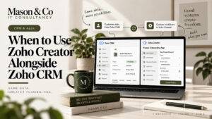 Mason & Co editorial graphic showing Zoho CRM and Zoho Creator connected across customer and operational processes.