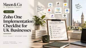 Mason & Co editorial graphic showing Zoho CRM connected to selected business systems through controlled integration paths.