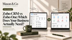 Mason & Co editorial comparison graphic contrasting Zoho CRM with the wider Zoho One business platform.