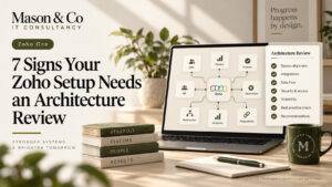 Mason & Co editorial graphic representing a growing Zoho One application landscape with interconnected processes.