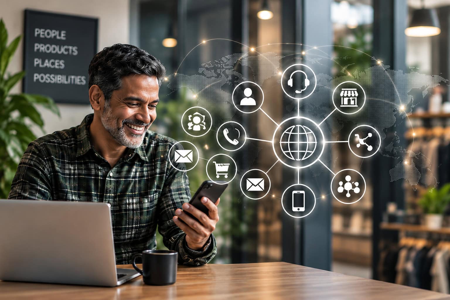 Mason & Co illustration showing connected retail CRM processes and AI-assisted customer support.
