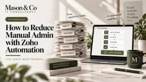 Mason & Co editorial graphic showing connected Zoho One workflows replacing repetitive manual administration.
