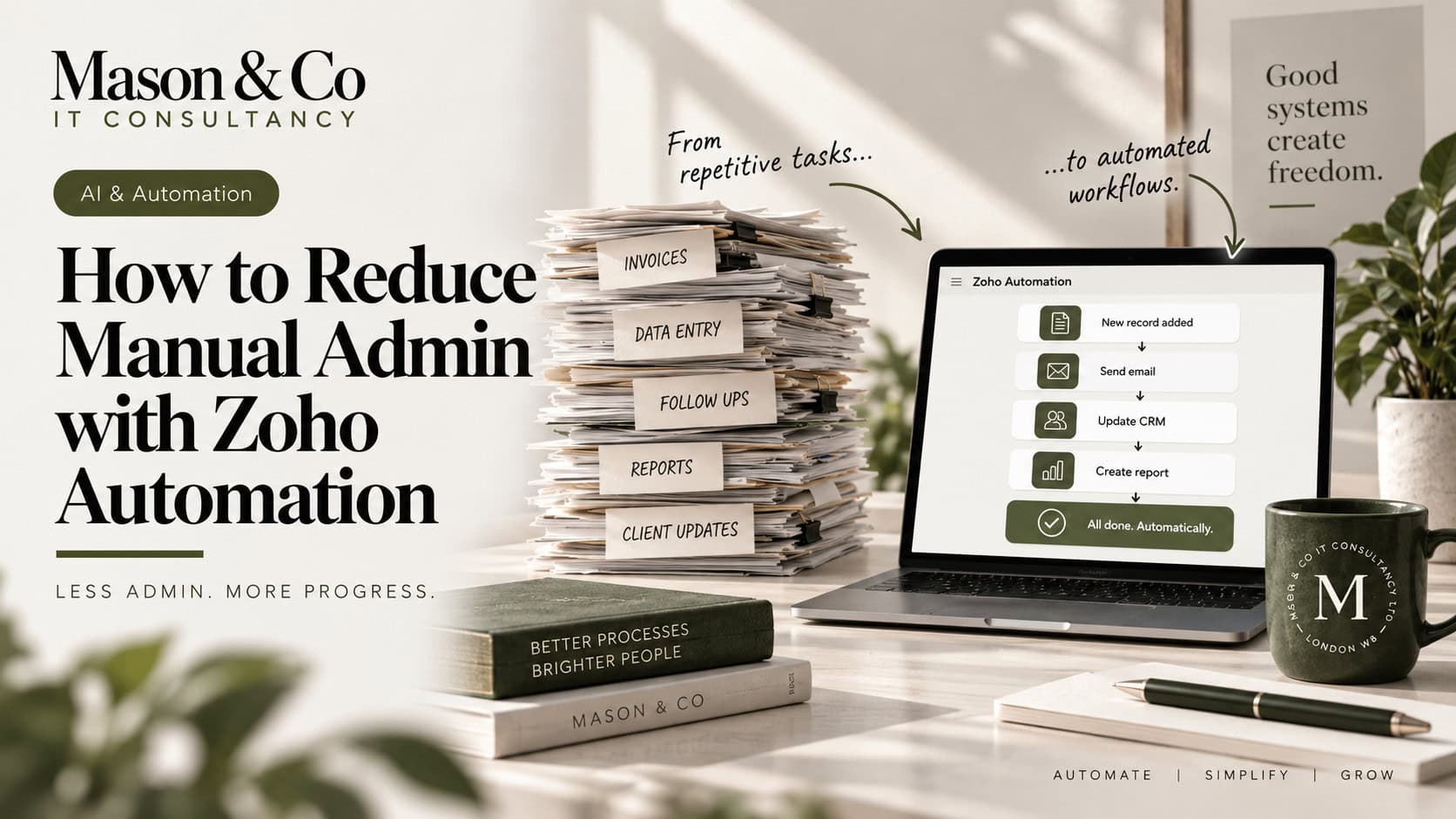 Mason & Co editorial graphic showing connected Zoho One workflows replacing repetitive manual administration.