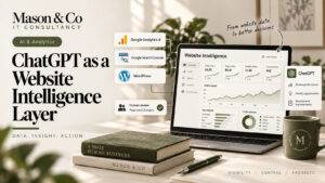 Mason & Co editorial graphic showing website, analytics and search data feeding ChatGPT for website intelligence.