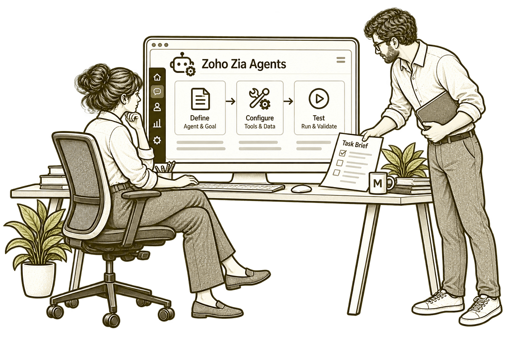 Mason & Co sketch illustrating build your first real zia agent with Zoho Zia Agents.