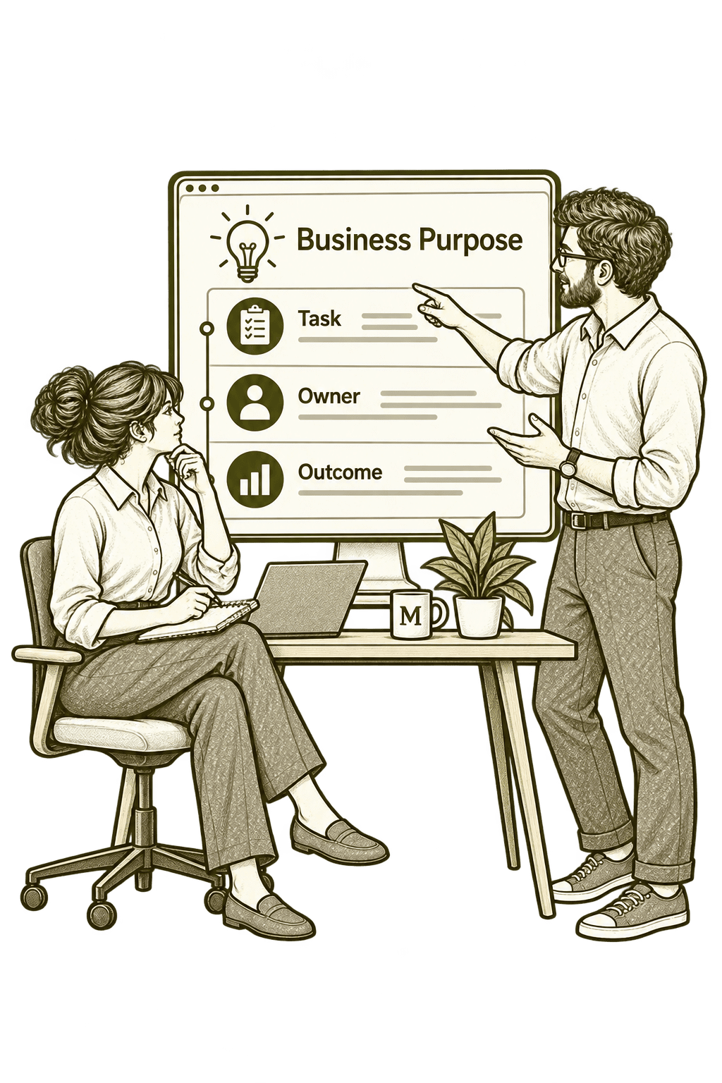 Business Purpose — olive pencil concept sketch with human oversight.