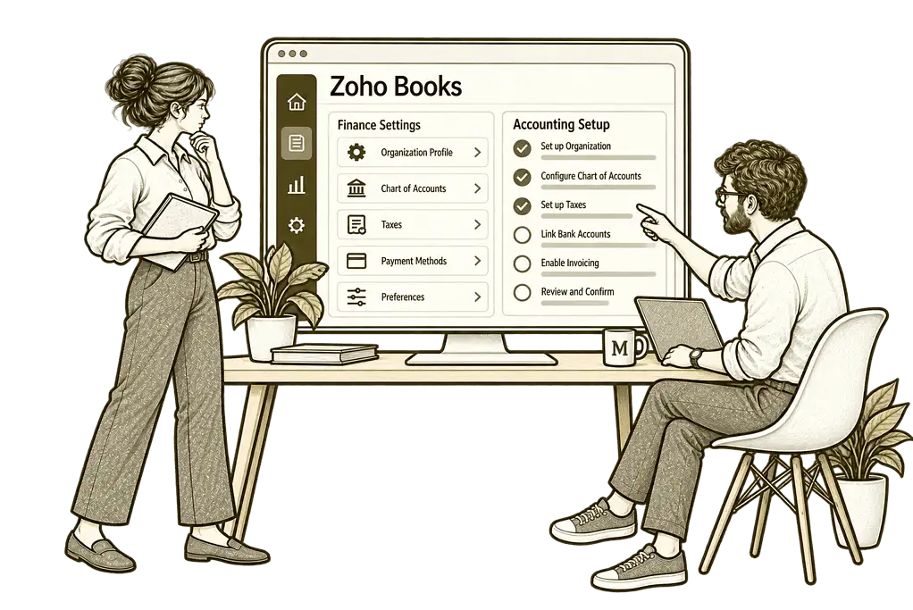 Olive ink sketch illustrating new zoho books implementation in Zoho Books.