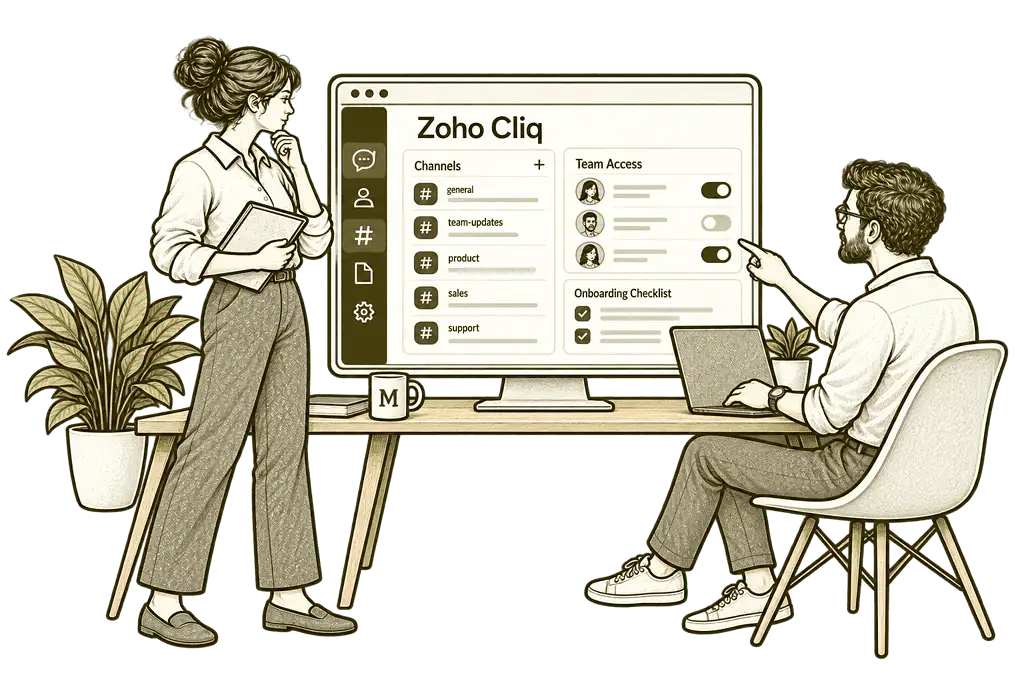 Mason & Co sketch illustrating new zoho cliq implementation in Zoho Cliq.