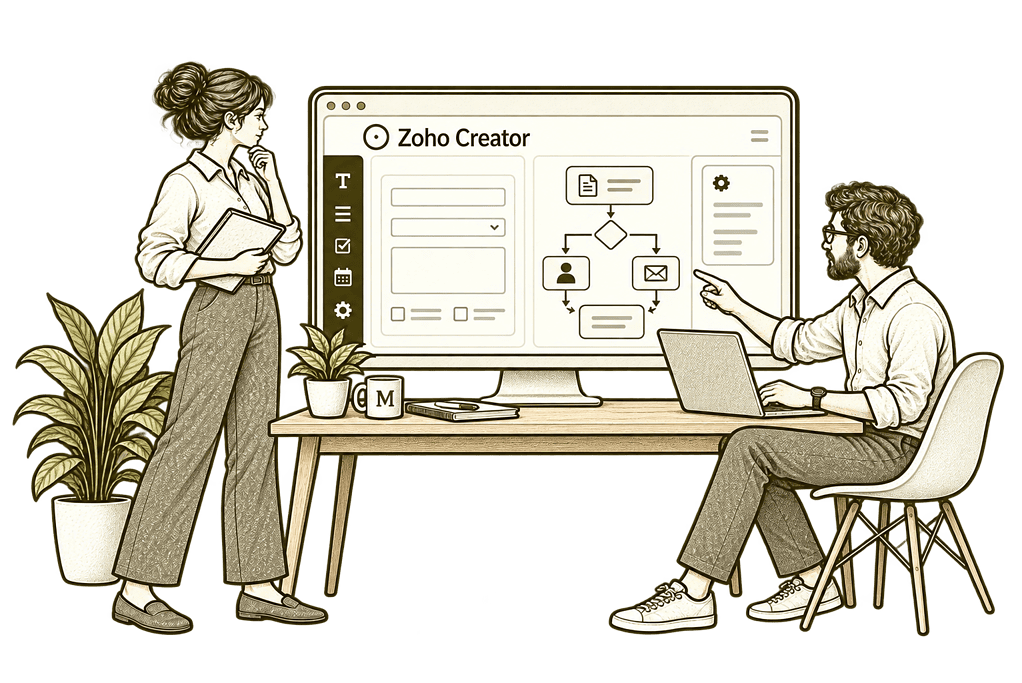 Mason & Co sketch illustrating build a new creator app in Zoho Creator.