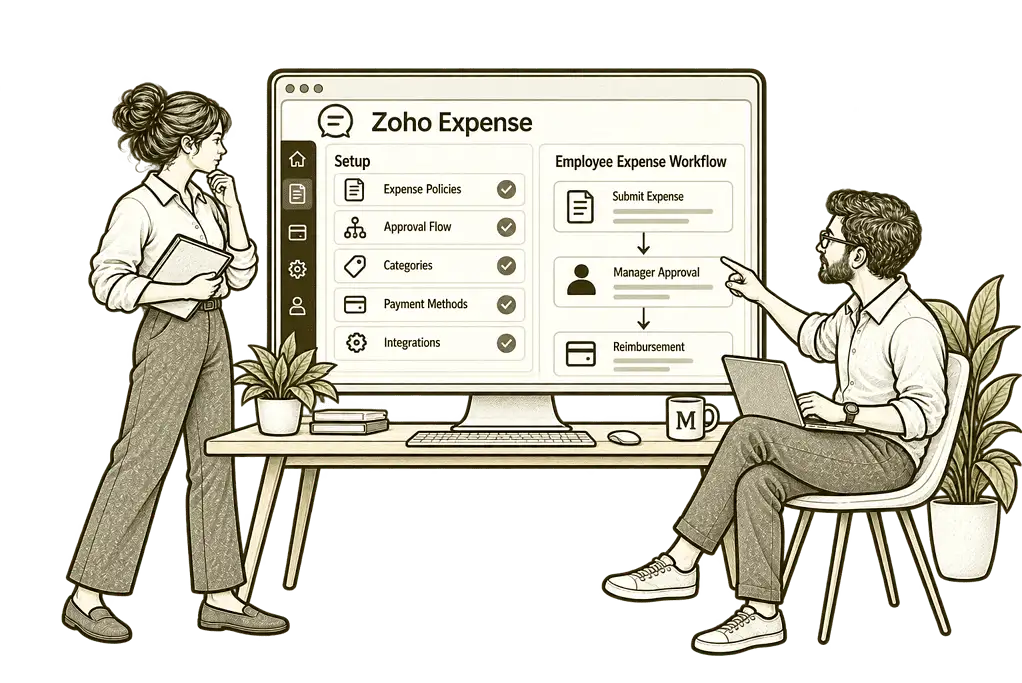 Mason & Co sketch illustrating new zoho expense implementation in Zoho Expense.