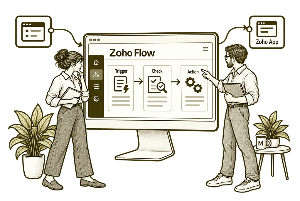 Mason & Co sketch illustrating build a new integration in Zoho Flow.