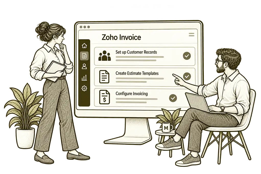 Mason & Co sketch illustrating new zoho invoice implementation in Zoho Invoice.