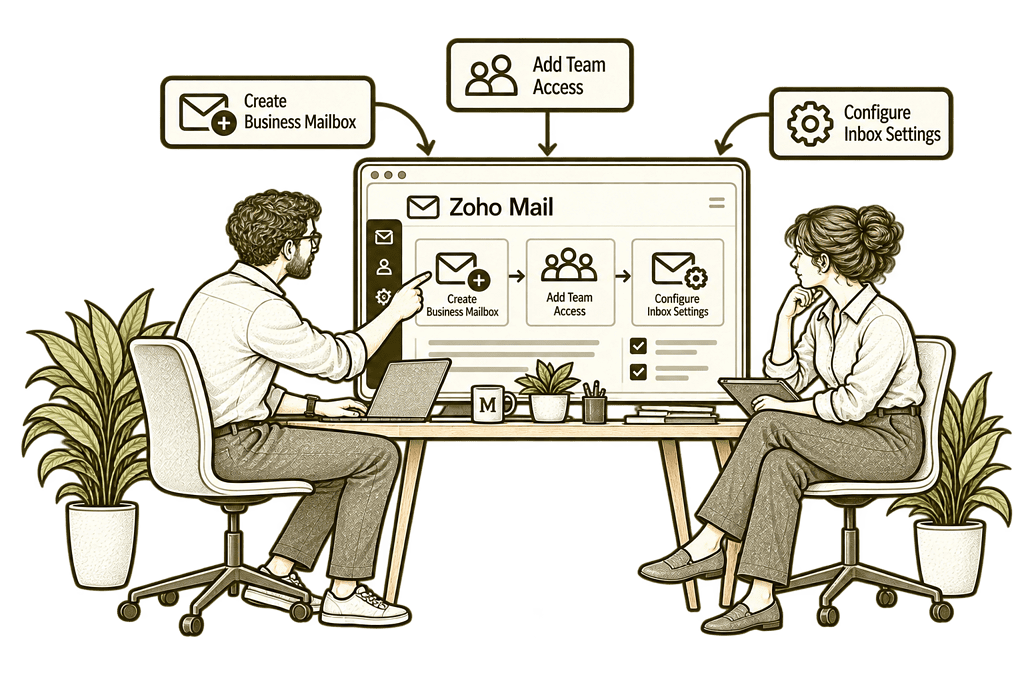 Mason & Co sketch illustrating new zoho mail setup in Zoho Mail.