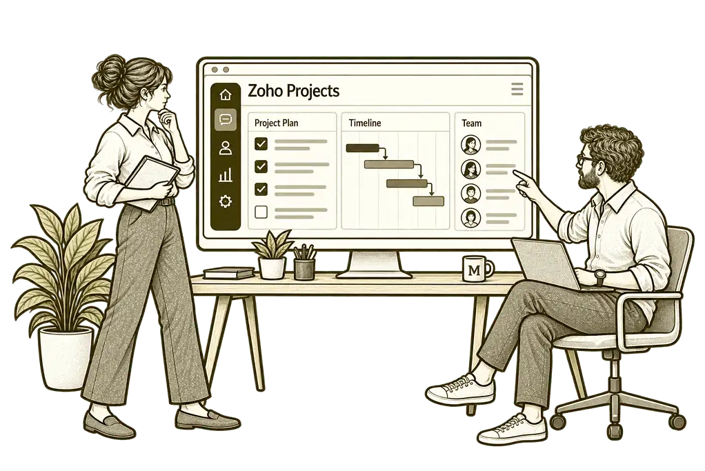 Mason & Co sketch illustrating new zoho projects implementation in Zoho Projects.