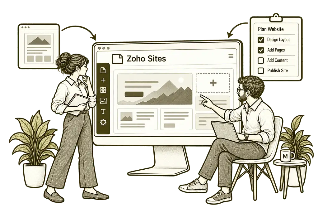 Olive ink sketch illustrating build with zoho sites.