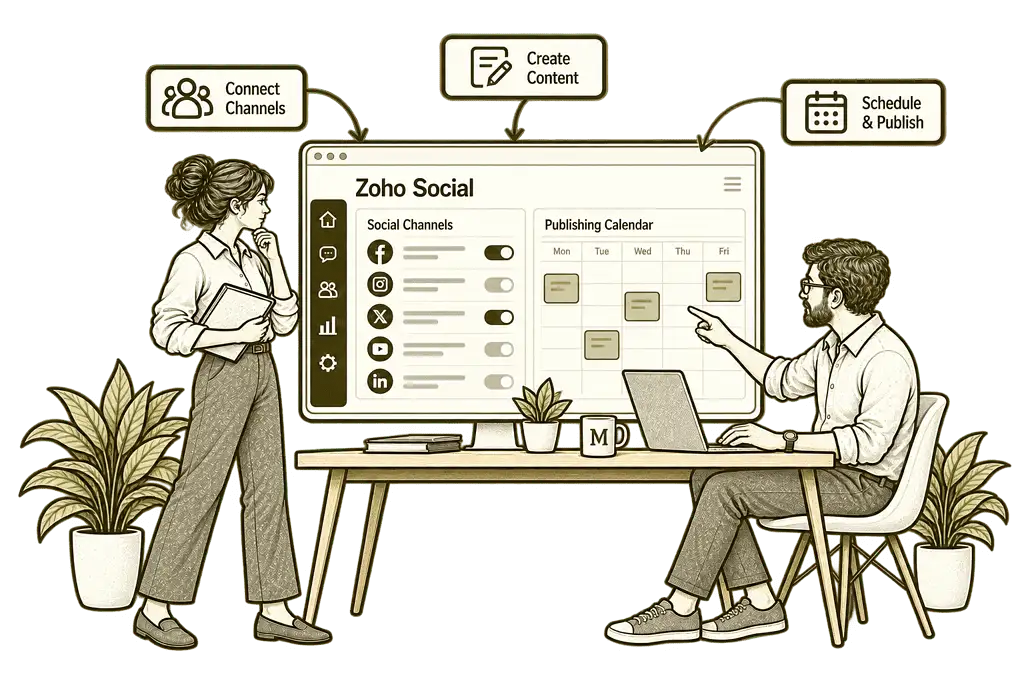 Olive ink sketch illustrating set up zoho social.