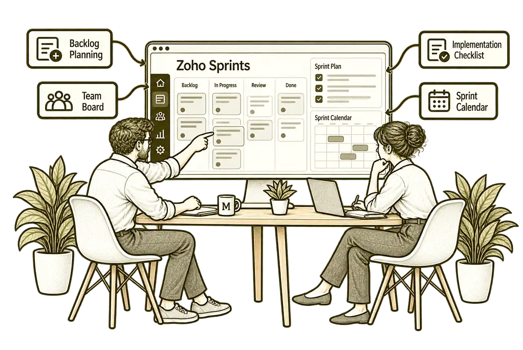 Mason & Co sketch illustrating new zoho sprints implementation in Zoho Sprints.