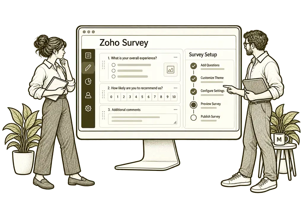 Olive ink sketch illustrating set up zoho survey in Zoho Survey.