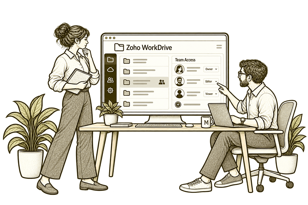 Mason & Co sketch illustrating new workdrive implementation in Zoho WorkDrive.