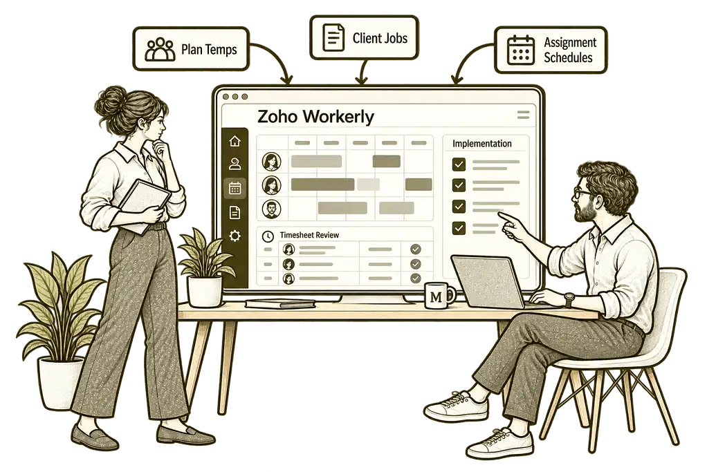 Mason & Co sketch illustrating new zoho workerly implementation in Zoho Workerly.