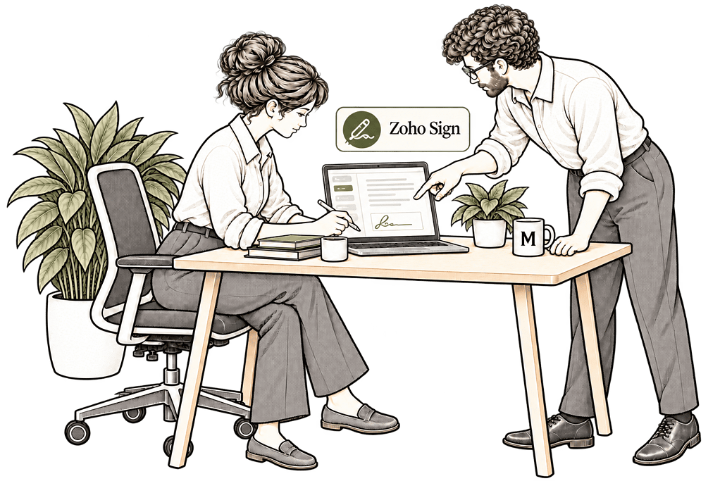 Colleagues setting up an electronic signature in Zoho Sign.