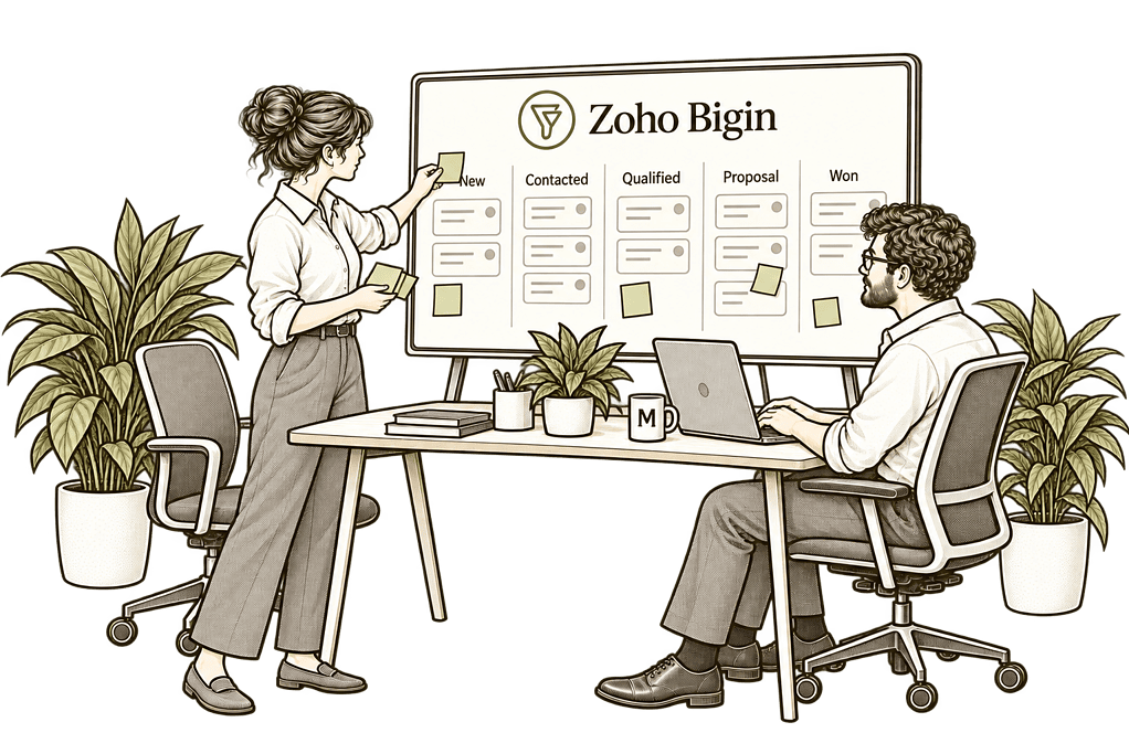 Pale cream and olive ink sketch of Start With Zoho Bigin in Zoho Bigin.