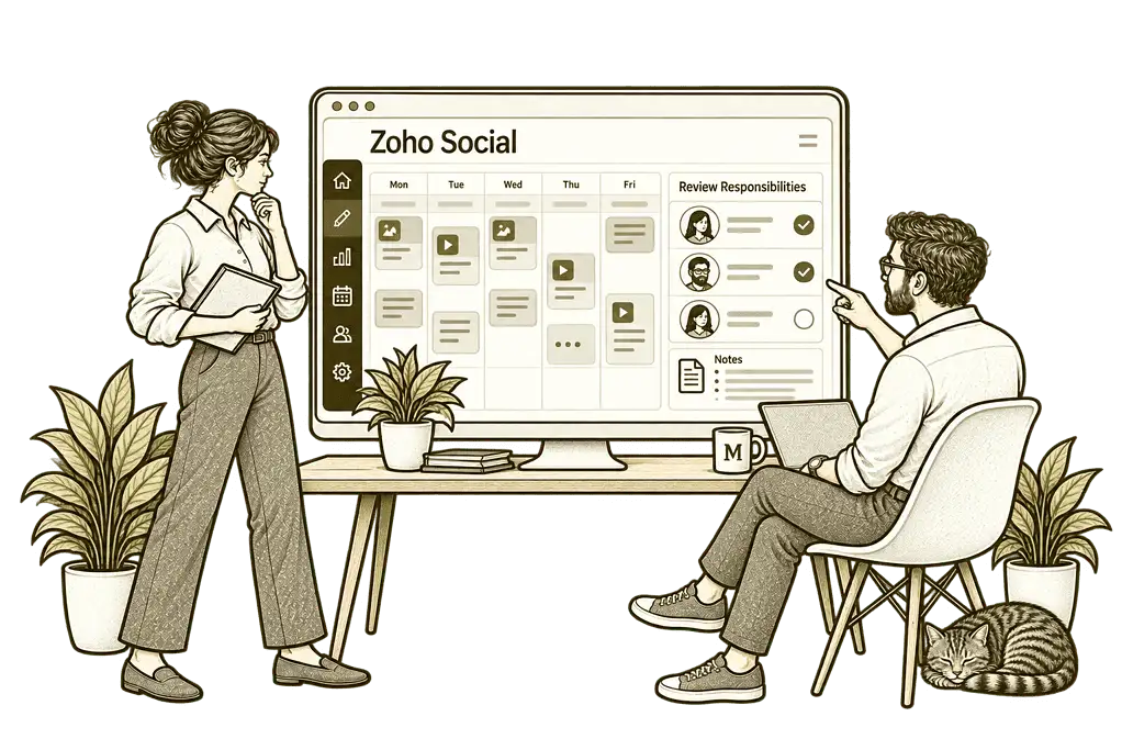 Olive ink sketch illustrating improve your social process in Zoho Social.