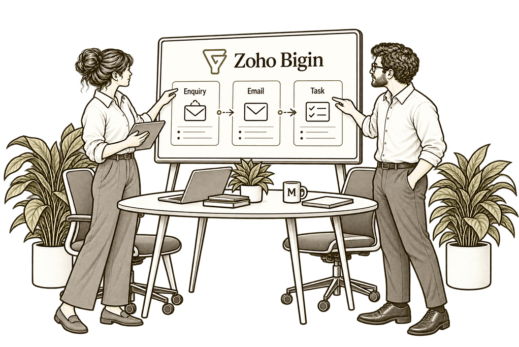 Pale cream and olive ink sketch of Connect Zoho Bigin in Zoho Bigin.