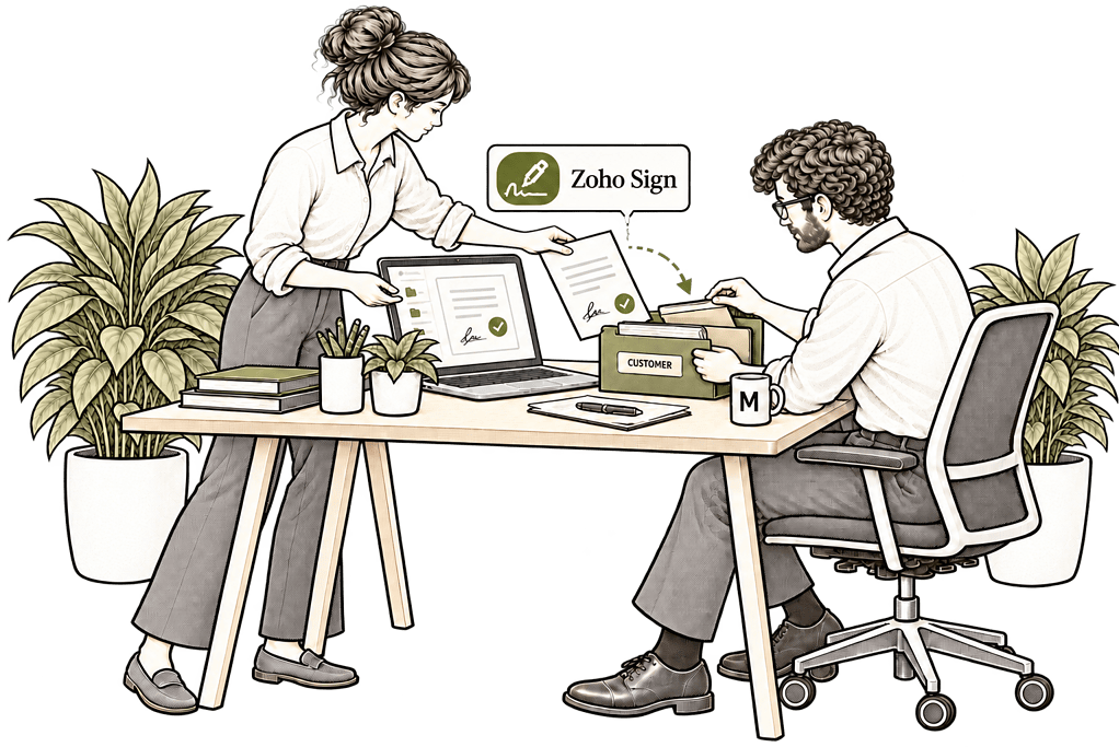 Colleagues transferring a signed document into customer records.