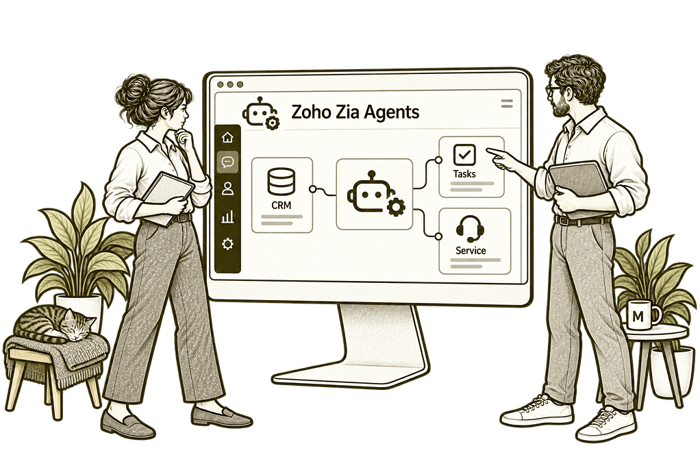 Mason & Co sketch illustrating connect agents with your workflows with Zoho Zia Agents.
