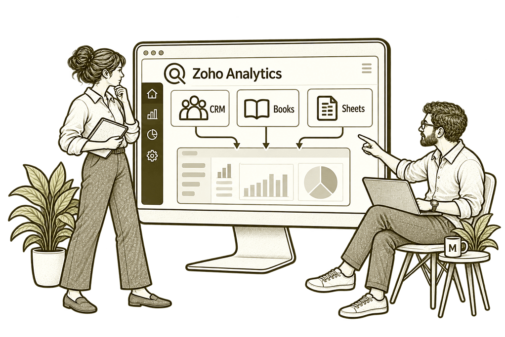 Mason & Co sketch illustrating connect business data sources in Zoho Analytics.