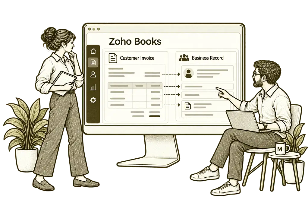 Olive ink sketch illustrating connect finance with your systems in Zoho Books.