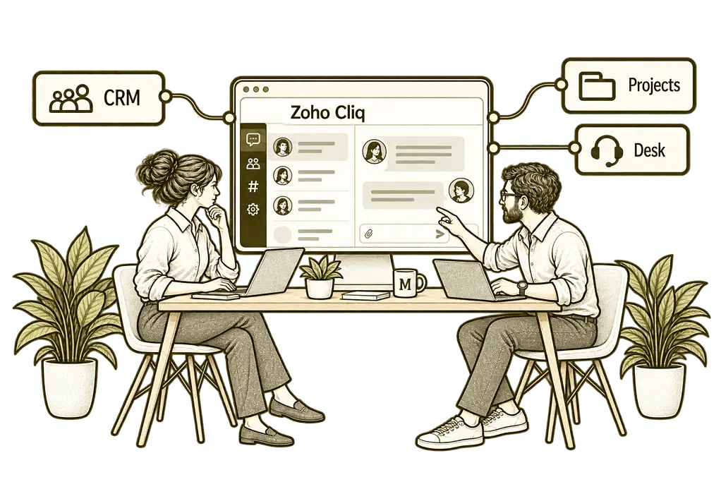 Mason & Co sketch illustrating connect chat with your systems in Zoho Cliq.