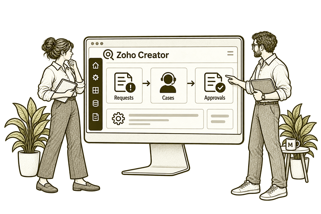 Mason & Co sketch illustrating explore industry workflows in Zoho Creator.