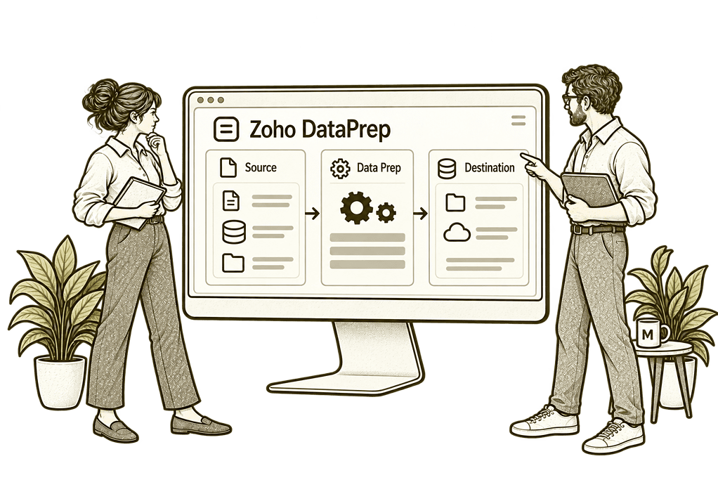 Mason & Co sketch illustrating connect your data sources and outputs in Zoho DataPrep.