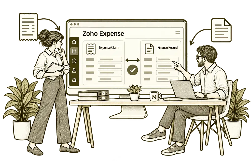Mason & Co sketch illustrating connect expenses with finance in Zoho Expense.