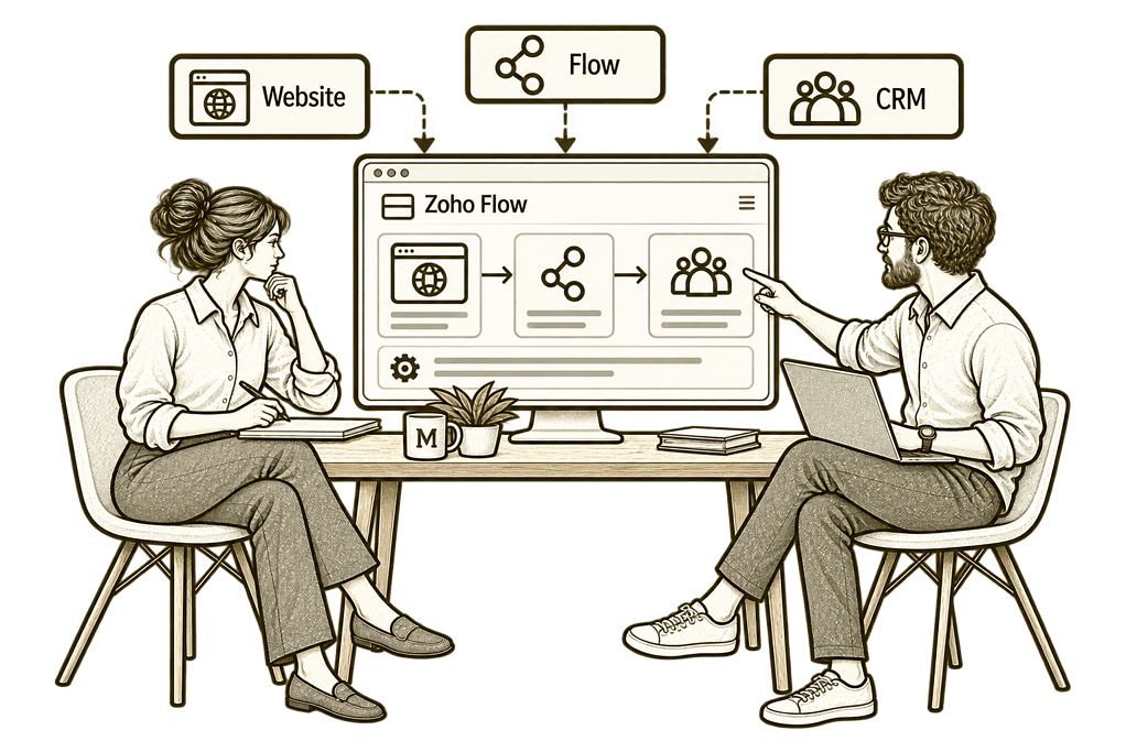 Mason & Co sketch illustrating plan your connected systems in Zoho Flow.