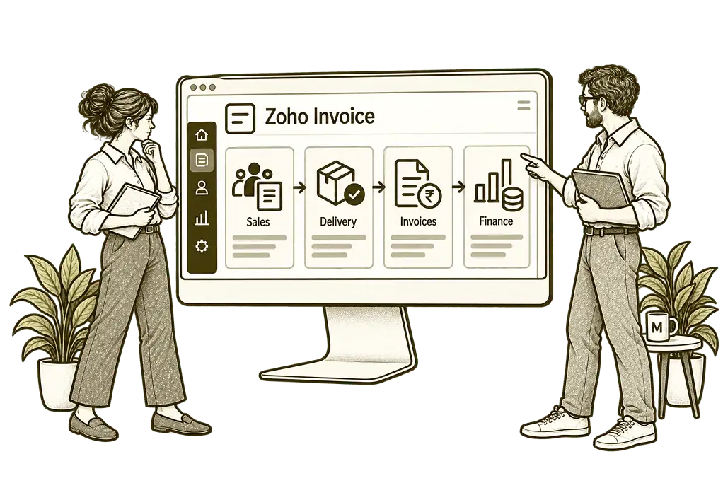 Mason & Co sketch illustrating connect invoicing with your systems in Zoho Invoice.
