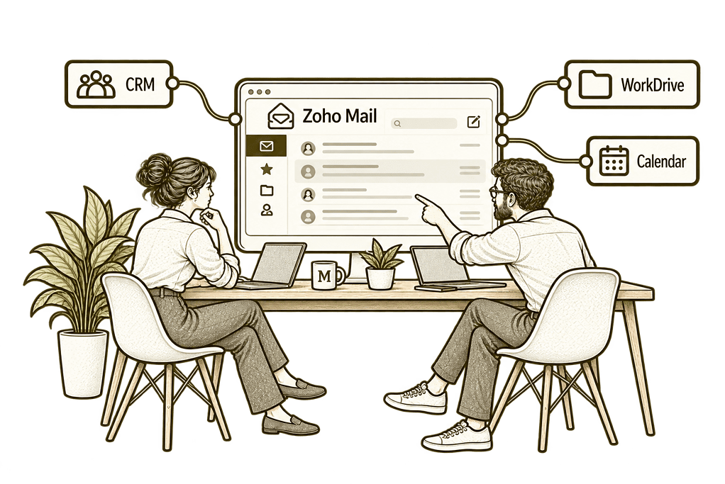 Mason & Co sketch illustrating email with your systems in Zoho Mail.