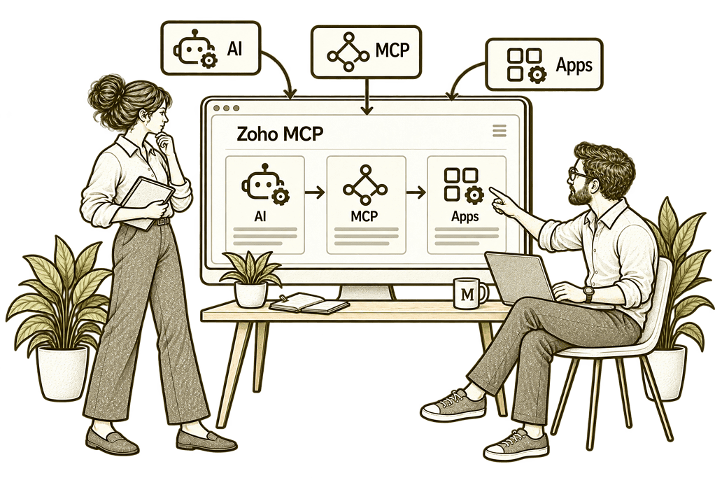 Mason & Co sketch illustrating connect ai across business workflows in Zoho MCP.