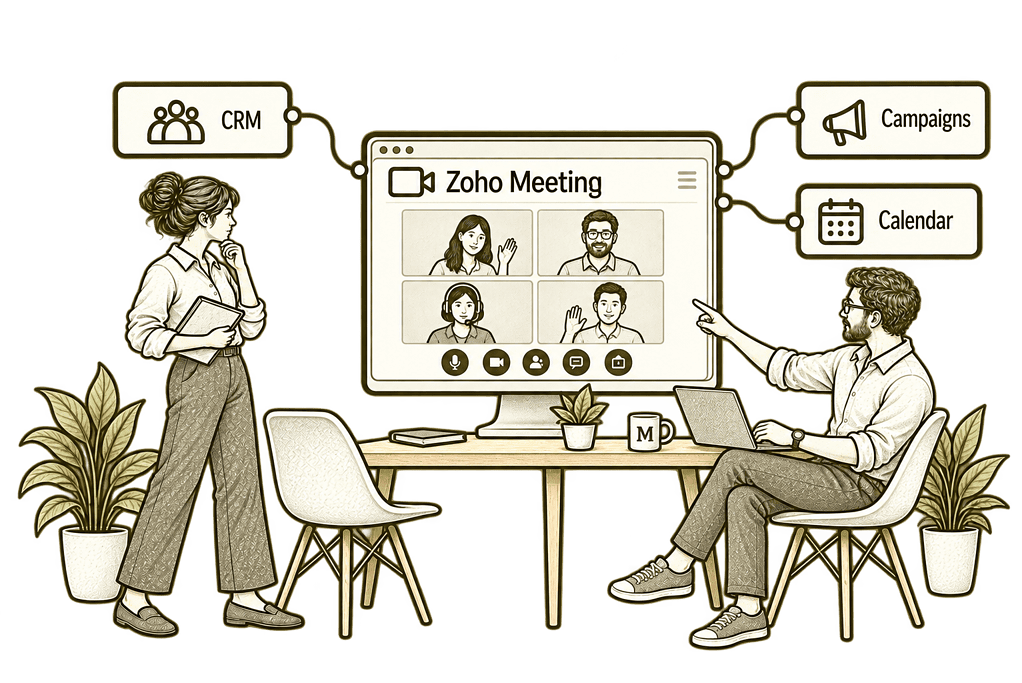 Mason & Co sketch illustrating connect sessions with your systems in Zoho Meeting.