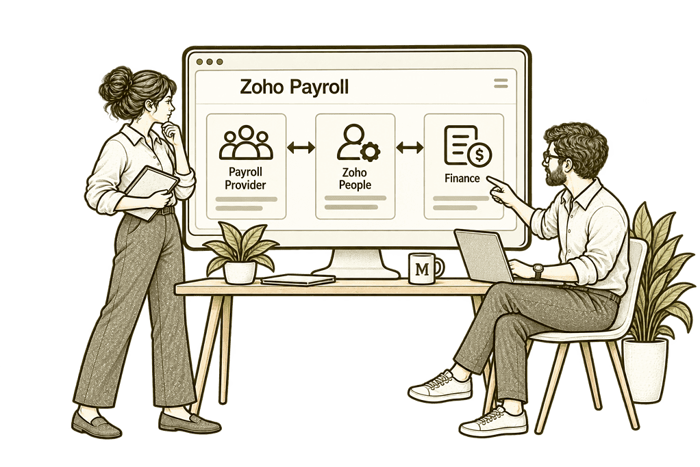Mason & Co sketch illustrating connect your payroll provider with zoho in Zoho Payroll.