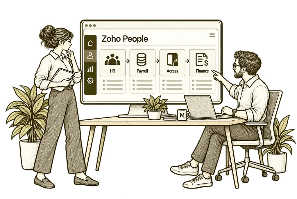 Mason & Co sketch illustrating connect hr with your systems in Zoho People.